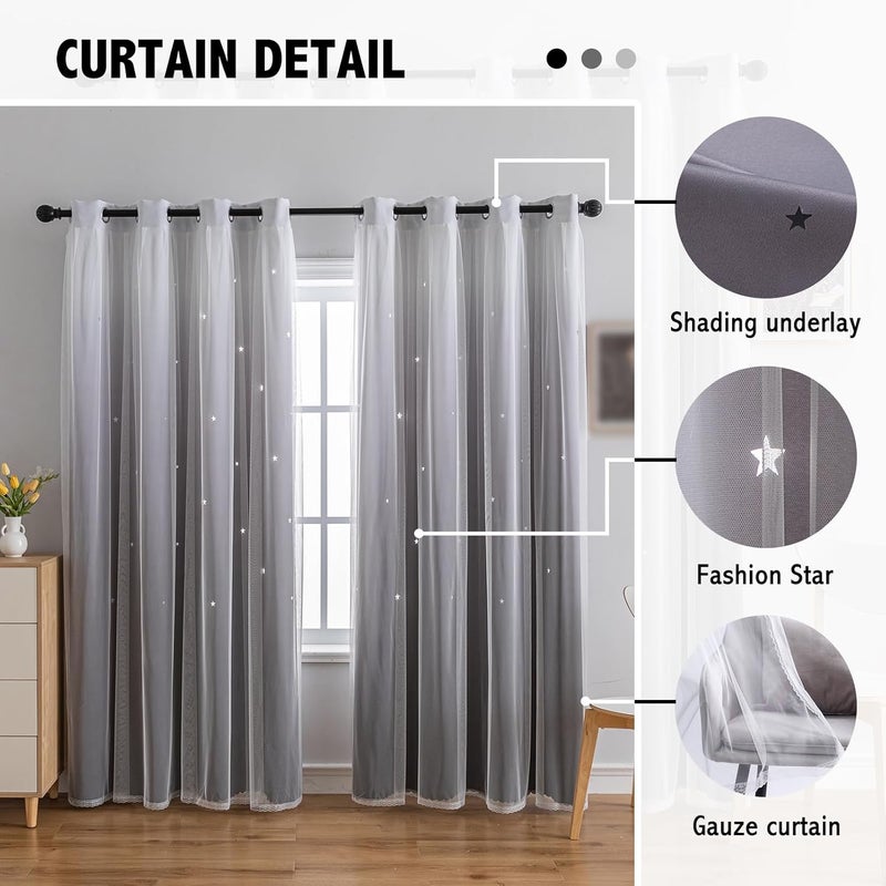 indistar Colourful Stripe Star Cut-Out Blackout Curtains for Bedroom,2 Layers Mix Design of Fabric & Tulle,Pretty Window Curtain for Kids Room 1 Panel (W52 x L63 Dark Grey) - Image 5